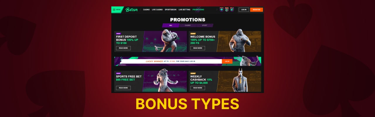 Betinia casino bonus types