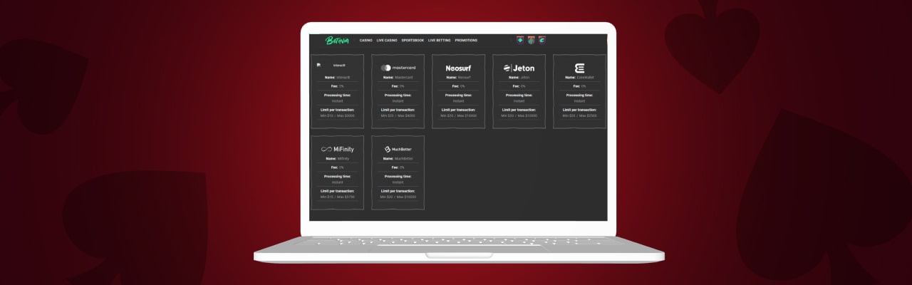 Betinia casino payment methods