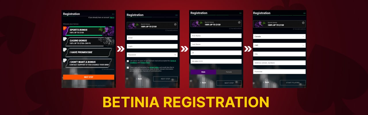 Registration and login at betinia on mobile