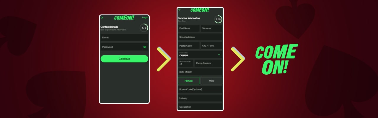 Registration login at comeon on mobile